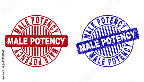 Grunge MALE POTENCY round stamp seals isolated on a white background. Round seals with grunge texture in red and blue colors.