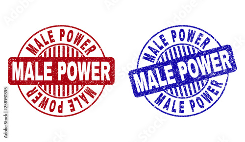 Grunge MALE POWER round stamp seals isolated on a white background. Round seals with grunge texture in red and blue colors. Vector rubber imprint of MALE POWER label inside circle form with stripes.