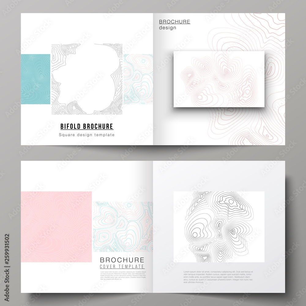 The vector illustration of the editable layout of two covers templates for square design bifold brochure, magazine, flyer, booklet. Topographic contour map, abstract monochrome background.