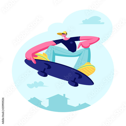 Young Guy in Modern Fashioned Clothing and Cap Jumping on Skateboard