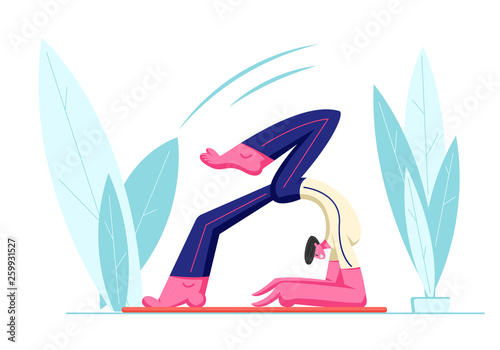 Yoga Workshop or Class, Young Healthy Male Character Trying Keep Balance Doing Yoga Asana or Pilates Exercise Openair, Scorpion Pose, Vrischikasana. Fitness Sport Life Cartoon Flat Vector Illustration