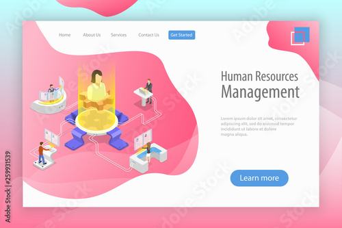 Isometric flat vector landing page template of employee search service, headhunting, recruitment, HR manager review.