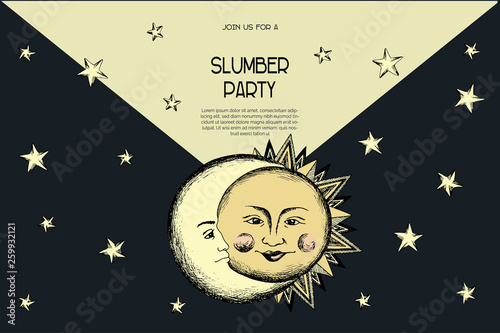 Deep dark night pajama sleepover party invitation card, poster template in medieval engraving style