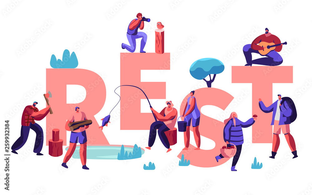 People Hobby at Spare Time Concept. Male and Female Characters Having Rest as Fishing, Taking Pictures, Pick Up Mushrooms, Camping. Poster, Banner, Flyer, Brochure. Cartoon Flat Vector Illustration