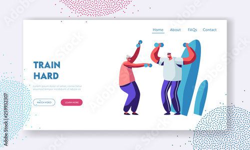 Elderly People Training with Dumbbells. Aged Sportsmen Couple Outdoor Workout. Happy Senior Man and Woman Healthy Lifestyle. Website Landing Page, Web Page. Cartoon Flat Vector Illustration, Banner