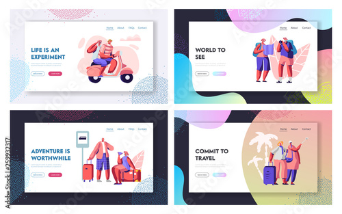 Aged Tourist Characters in Tropical Country Set. Senior Traveling People Having Fun in Journey, Touristic Offer for Pensioners Website Landing Page, Web Page. Cartoon Flat Vector Illustration, Banner
