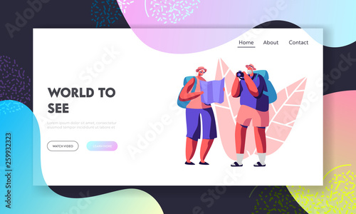 Senior Tourist Characters Watching Map and Making Photo in Trip, Aged Traveling People in Foreign Country, Happy Couple Travel. Website Landing Page, Web Page. Cartoon Flat Vector Illustration, Banner