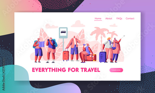 Group of Senior Tourists Stand on Bus Station in Exotic Country. Traveling Aged Characters in Trip or Tour for Elderly People Website Landing Page, Web Page. Cartoon Flat Vector Illustration, Banner