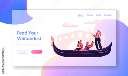 Happy People Traveling in Venice. Couple in Gondola with Gondolier Floating at Canal Making Photo at Romantic Trip to Italy. Website Landing Page, Web Page. Cartoon Flat Vector Illustration, Banner