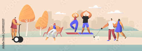 People City Dwellers Outdoors Activity. Male and Female Characters Spend Time in Public Park Walking with Pet, Driving Hoverboard, Eating Ice Cream, Doing Exercises. Cartoon Flat Vector Illustration