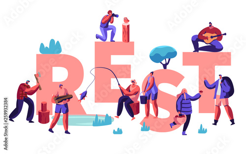 People Hobby at Spare Time Concept. Male and Female Characters Having Rest as Fishing, Taking Pictures, Pick Up Mushrooms, Camping. Poster, Banner, Flyer, Brochure. Cartoon Flat Vector Illustration