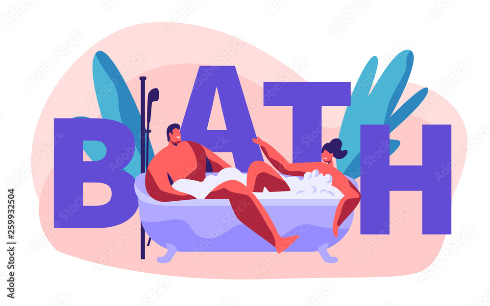 Young People Characters Relaxing and Bathing in Bath Tube Full of Soap Foam. Couple of Man and