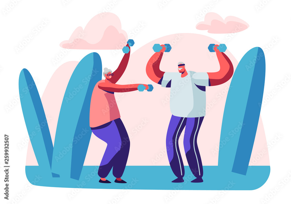 Elderly People Open Air Workout with Dumbbells. Aged Couple Engage Sport Outdoors. Happy Senior Man and Woman Training Together Open Air, Pensioners Healthy Lifestyle. Cartoon Flat Vector Illustration