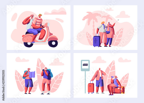 Senior People Traveling Set. Aged Touristic Travelers Waiting Bus on Station, Riding Bike, Watching Map, Making Pictures and Selfie on Sights. Men and Women Traveling Cartoon Flat Vector Illustration