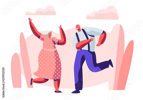 Senior Married Couple Sparetime with Dancing, Elderly People Active Lifestyle, Old Man and Woman in Loving or Friendly Relations Spend Time Together, Extreme Leisure. Cartoon Flat Vector Illustration