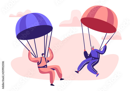 Happy Aged Pensioner Characters Doing Extreme Sport, Skydiving with Parachute, Senior Man and Woman Skydivers Wearing Sports Wear Uniform Floating in Sky with Chutes. Cartoon Flat Vector Illustration