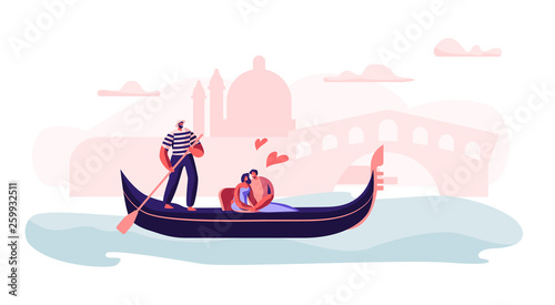 Happy Loving Couple Sitting in Gondola with Gondolier Floating at Canal Hugging with Hearts Around, Love in Venice. Man and Woman Have Trip or Romantic Tour to Italy. Cartoon Flat Vector Illustration