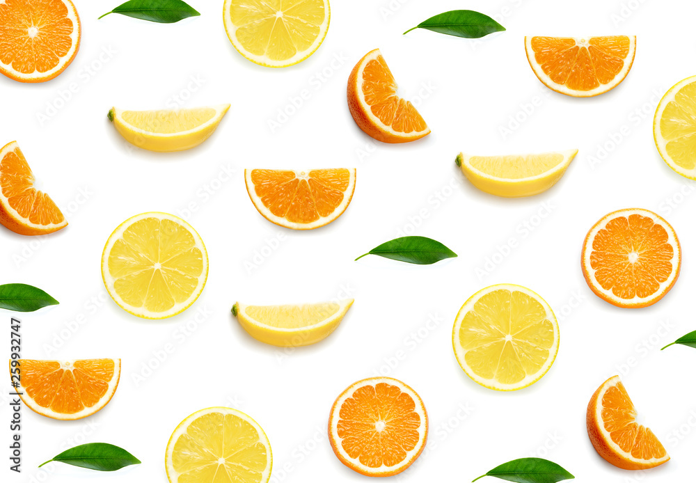 Citrus fruit pattern of fresh lemons and oranges isolated on white background