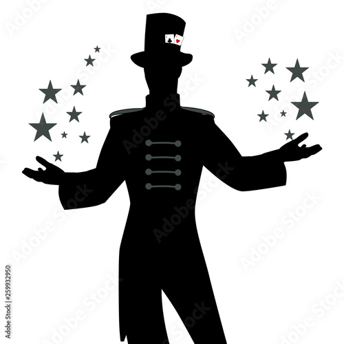 Silhouettes of master of ceremonies with mustache, wearing top hat adorned with playing cards, showing stars in his hands, isolated on white background