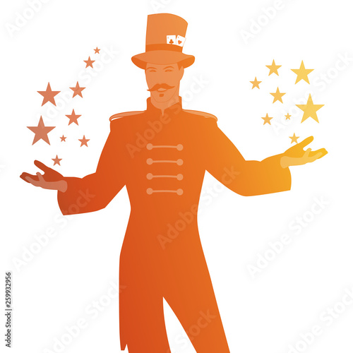 Silhouettes of master of ceremonies with mustache, wearing top hat adorned with playing cards, showing stars in his hands, isolated on white background