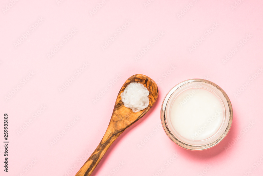 Coconut oil, natural cosmetic top view. Coconut oil, natural cosmetic top view.
