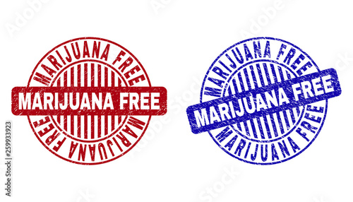 Grunge MARIJUANA FREE round stamp seals isolated on a white background. Round seals with grunge texture in red and blue colors.