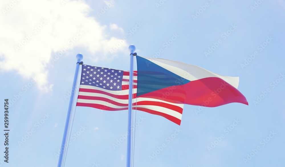 Czech Republic and USA, two flags waving against blue sky. 3d image