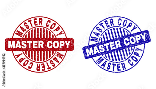 Grunge MASTER COPY round stamp seals isolated on a white background. Round seals with grunge texture in red and blue colors.