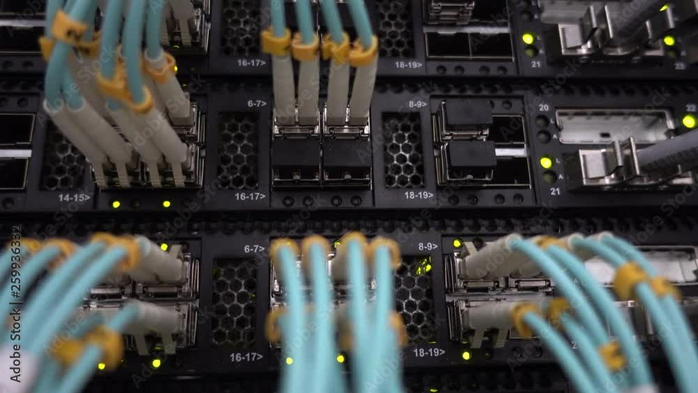 Fiber optic patch cords plugged into a network switch or router with