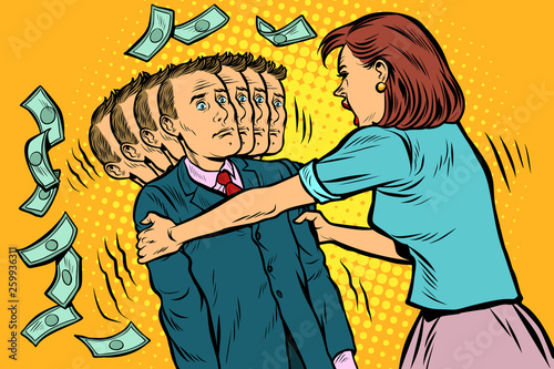 money demand. The wife shakes her husband. Women and men unequal relations, exploitation