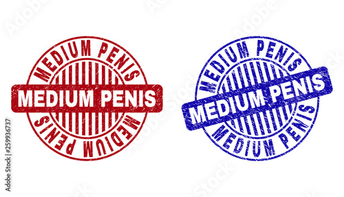 Grunge MEDIUM PENIS round stamp seals isolated on a white background. Round seals with grunge texture in red and blue colors.