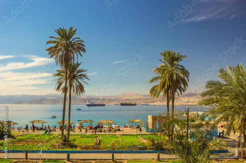 Aqaba Jordanian south city park outdoor waterfront with palms and view on red sea bay scenery landscape summer traveling and vacation concept photography from Middle East park of world  photo