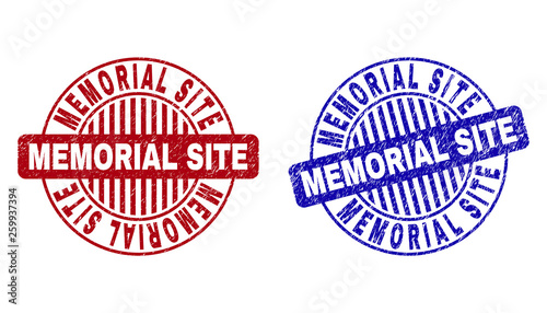 Grunge MEMORIAL SITE round stamp seals isolated on a white background. Round seals with grunge texture in red and blue colors.