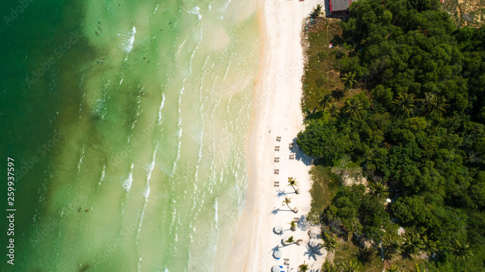 Beautiful aerial view for the beach with white sand and crystal clear water in Phu Quoc island in Sao beach