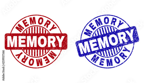 Grunge MEMORY round stamp seals isolated on a white background. Round seals with grunge texture in red and blue colors. Vector rubber watermark of MEMORY tag inside circle form with stripes.