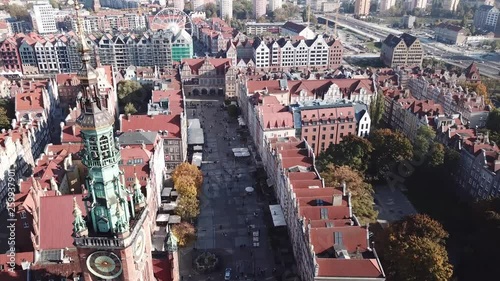 Aerial view to typical colored buildings in historical touristic centre of the city Gdansk, Poland