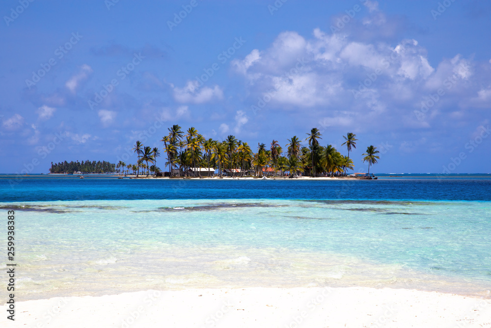 View to San Blas island in Panama. The San Blas islands of Panama is an archipelago comprising 365 islands and cays of which 49 are inhabited
