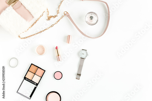 Women's fashion accessories on white background.