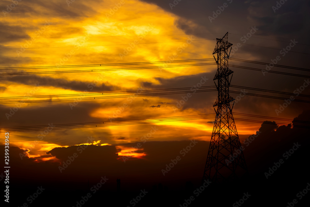 The silhouette high voltage energy on hard Cloud sunset background