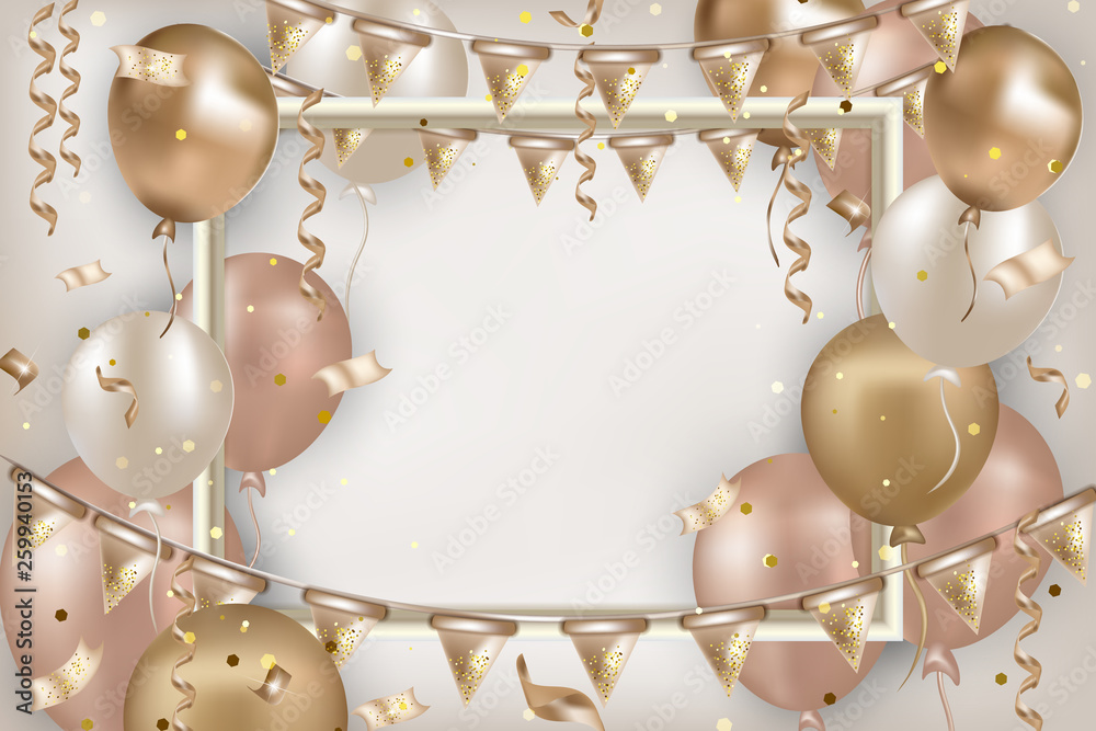 Happy birthday vector background. Celebrations design with white, pink,  gold balloons, confetti, sparkles, serpentine, flag garland. Party banner  template. Stock Vector | Adobe Stock