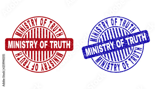 Grunge MINISTRY OF TRUTH round stamp seals isolated on a white background. Round seals with grunge texture in red and blue colors.