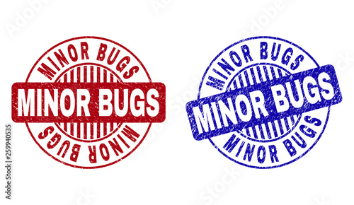 Grunge MINOR BUGS round stamp seals isolated on a white background. Round seals with grunge texture in red and blue colors. Vector rubber watermark of MINOR BUGS title inside circle form with stripes.
