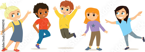 Kids having fun, cartoon characters vector illustration isolated on white background. Happy boys and girls dancing, jumping. Kids diferent races isolated on white background
