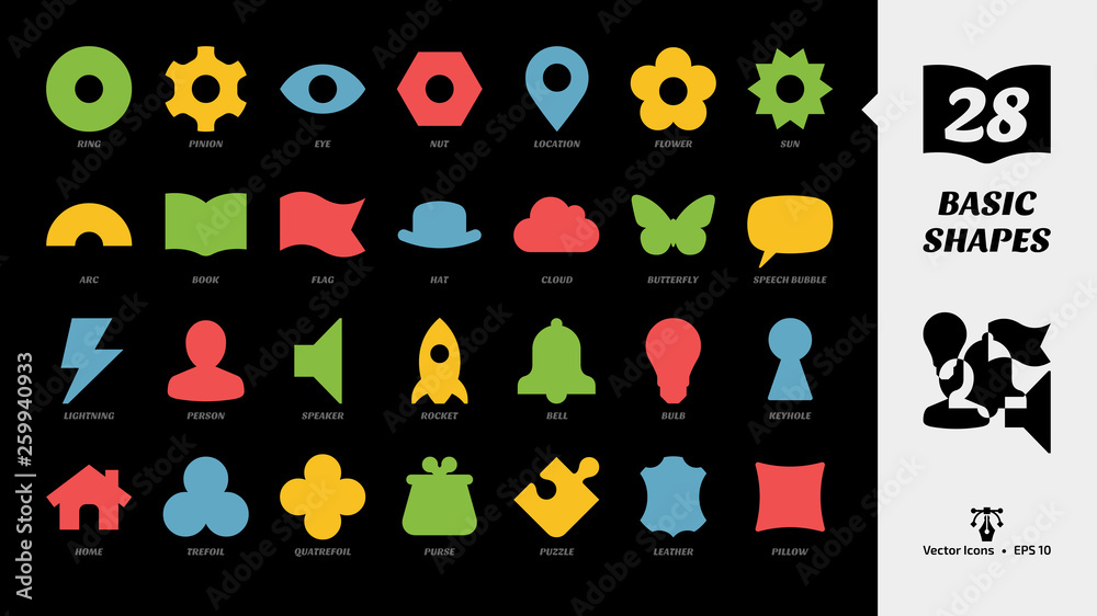 Basic color glyph shapes icon set on a black background with simple silhouette ring, pinion, eye, nut, location, flower, sun, arc, book, flag, hat, cloud butterfly, speech bubble and more sign.