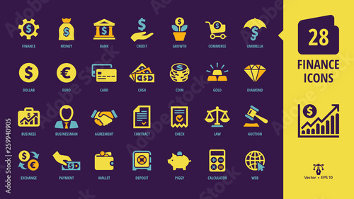 Vector business and finance yellow glyph icon on a dark violet background set with money, bank, piggy, credit, exchange, deposit, dollar, euro, coin, card, handshake and more isolated silhouette sign.
