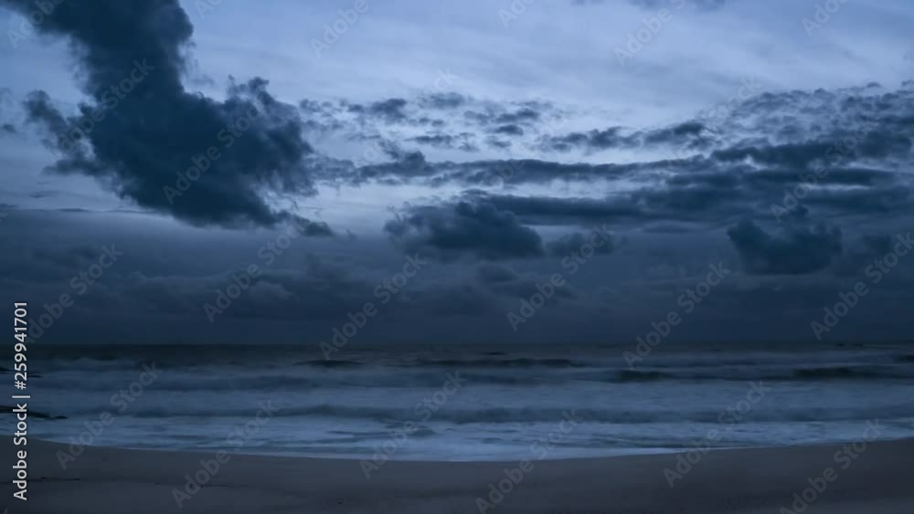 Dark clouds over ocean time lapse. Day to night transition on beach. Dark clouds over ocean time lapse. Day to night transition on beach.