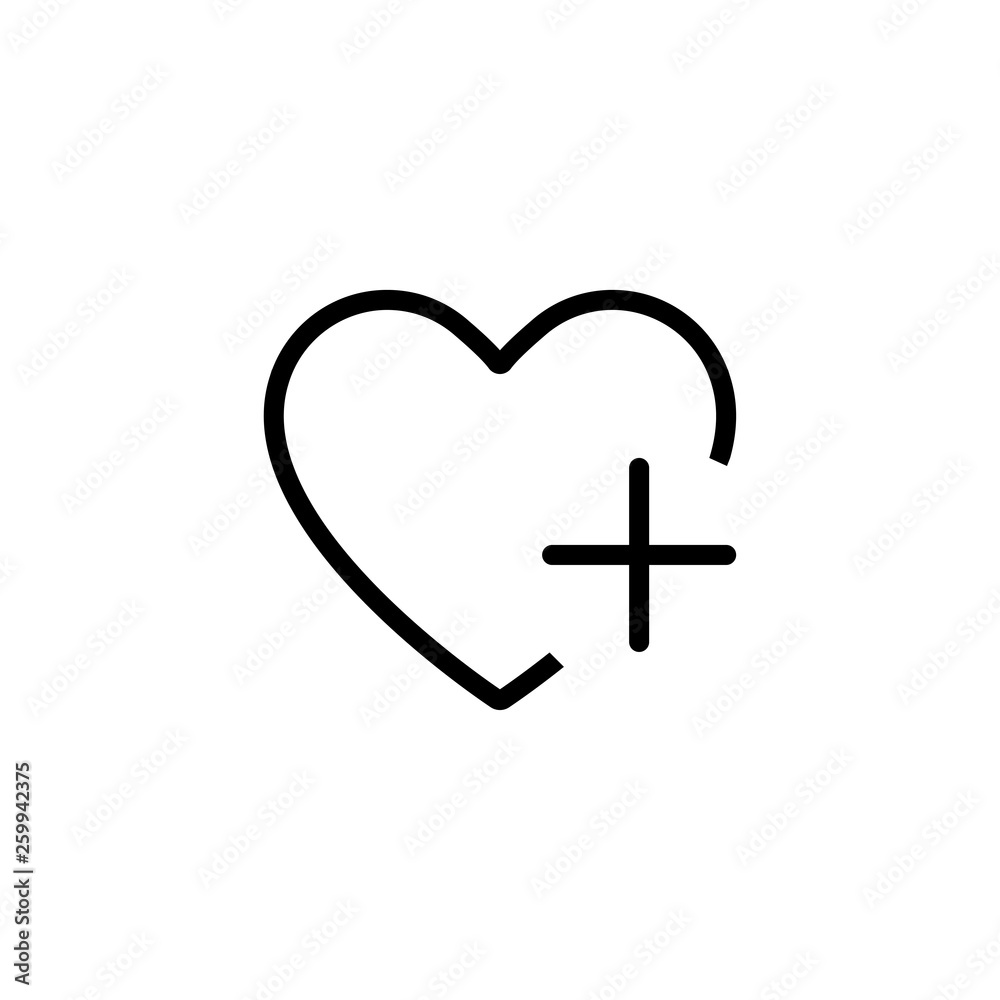 Heart icon with plus isolated social networ sign like favourite for websites application and other.
