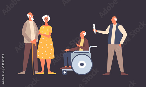 The concept of active life in old age. People in old age in different situations. Old man in a wheelchair. Elderly activity, elderly care, comfort and communication in old age. Vector illustration.