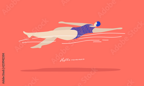 Fast swimming young woman in a striped swimsuit on a coral background. Types of swimming- crawl on the back. Vector illustration in trendy flat style.
