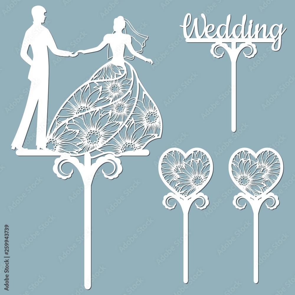Wedding cake topper for laser or milling cut. Vector graphics. Patterns